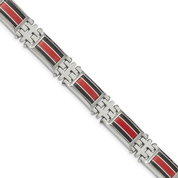 13mm Stainless Steel Blk Carbon Fiber Red Fiberglass Bracelet 9.25 In